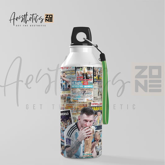 Water bottle with collage design on a light gray background