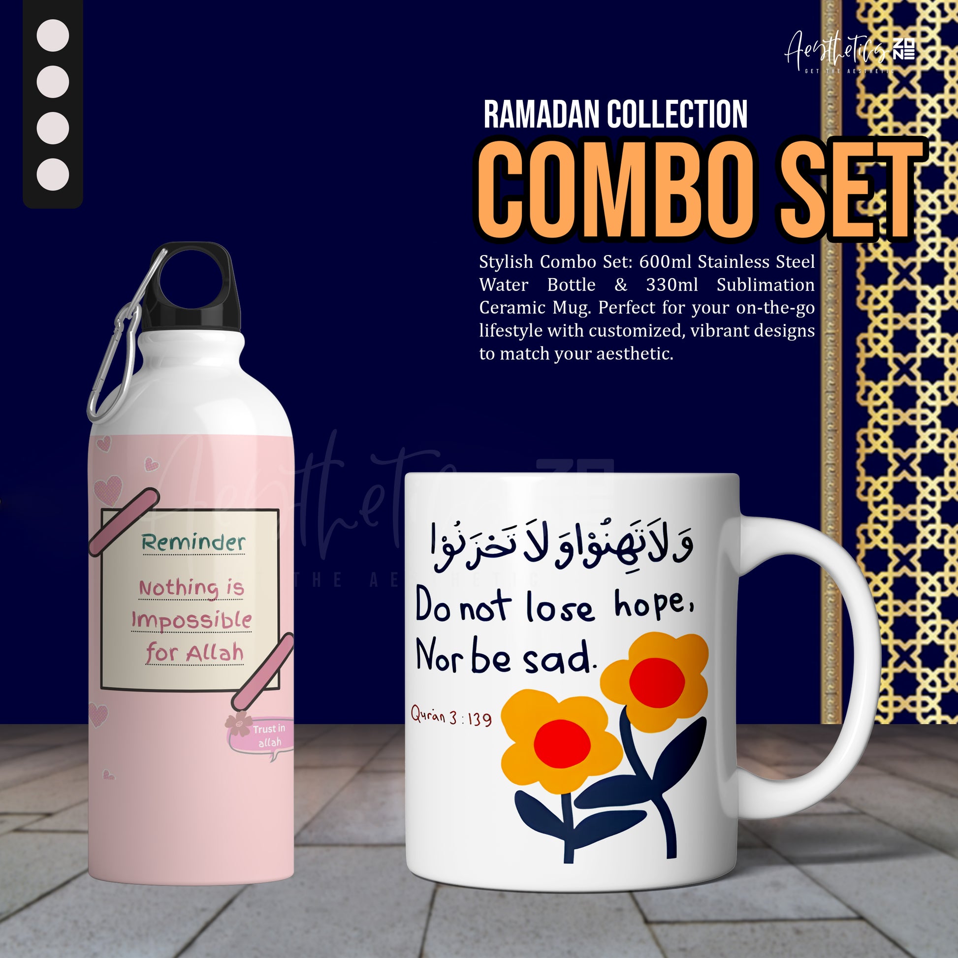 Stainless steel water bottle and ceramic mug combo set with motivational quote and floral design on a blue background.