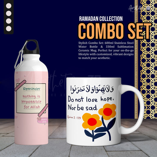 Stainless steel water bottle and ceramic mug combo set with motivational quote and floral design on a blue background.