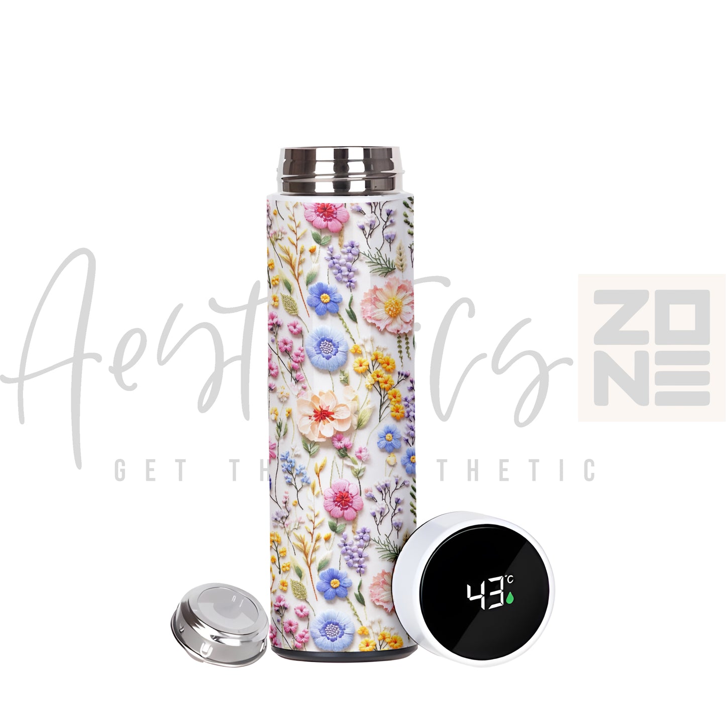 Floral-patterned thermos with digital temperature display on a white background