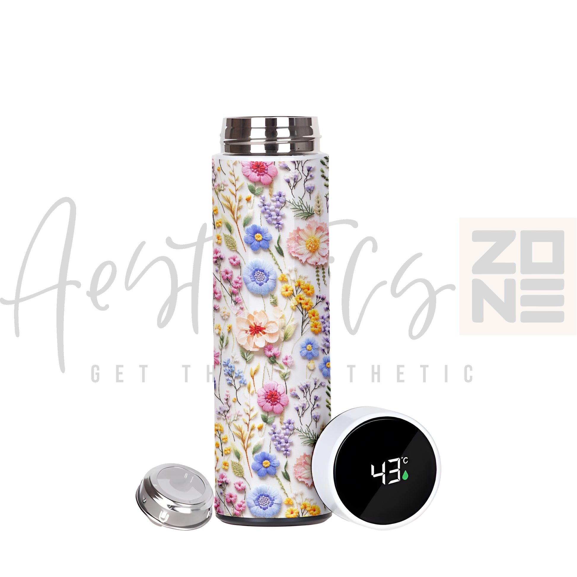 Floral-patterned thermos with digital temperature display on a white background