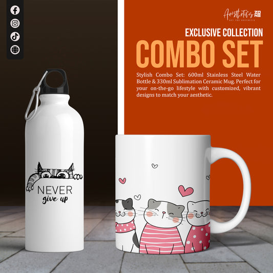 Paws & Persevere – Cute Cat Mug & Never Give Up Bottle Combo