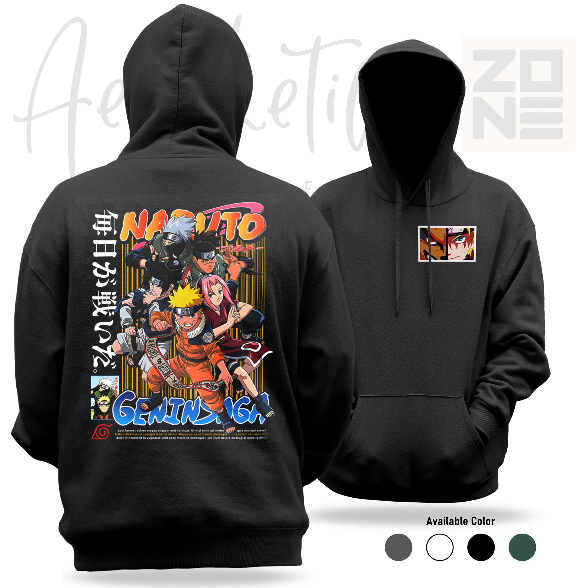 Black hoodie with 'Naruto' character design on the back, displayed from front and back views.