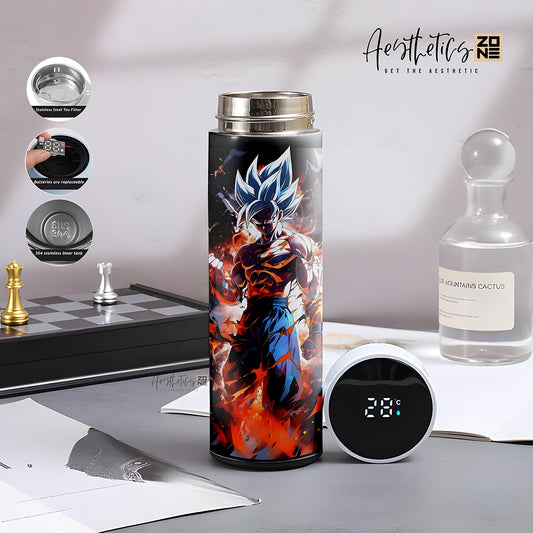 Tumbler with character design on a surface with a bottle and chessboard in the background