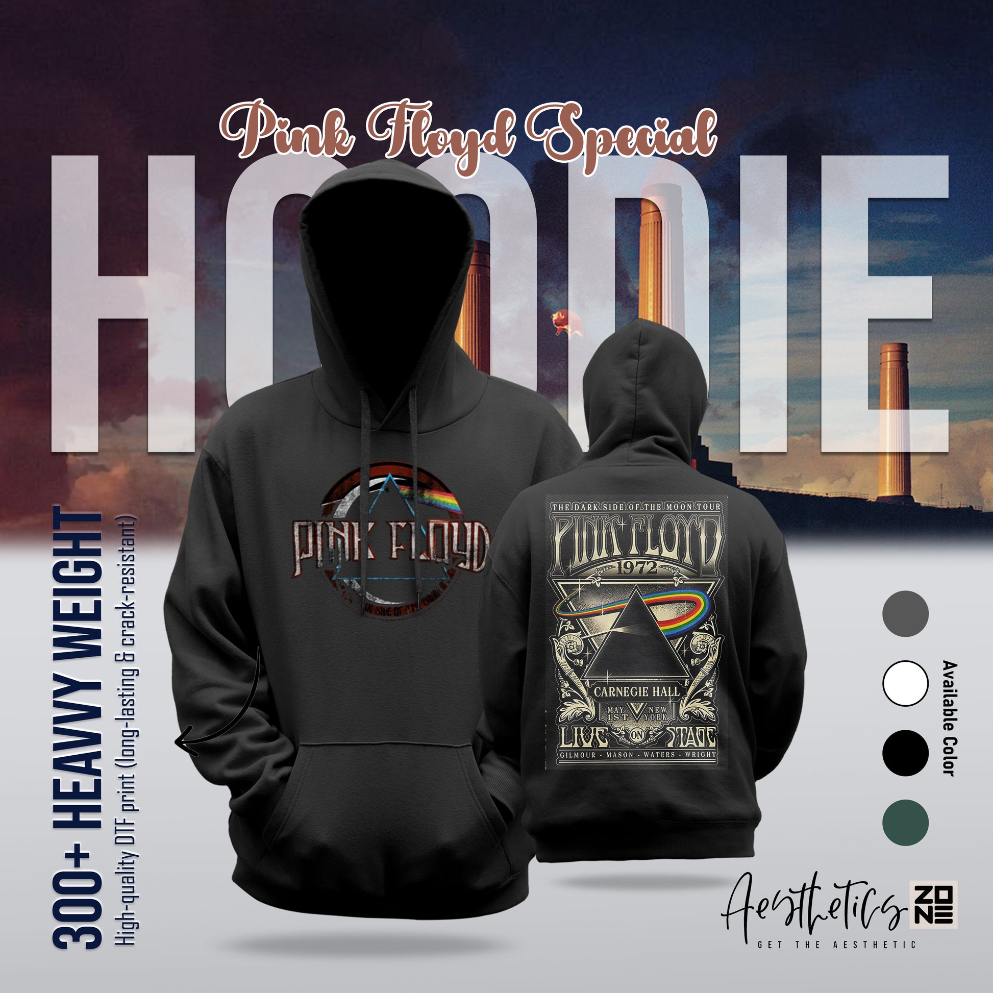 Black hoodie with Pink Floyd design on front and back, set against a scenic background.