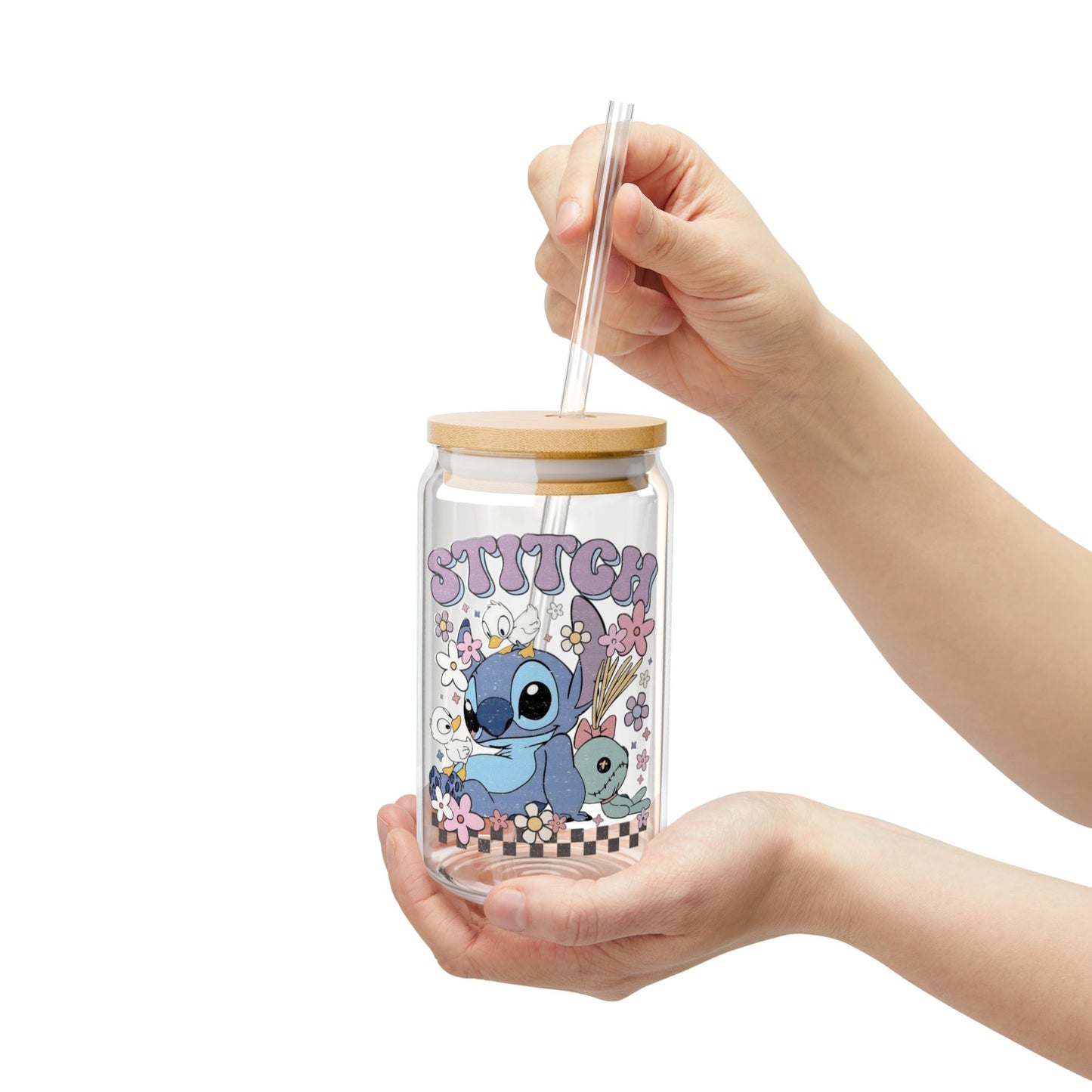 Stitch aesthetic clear glass cup