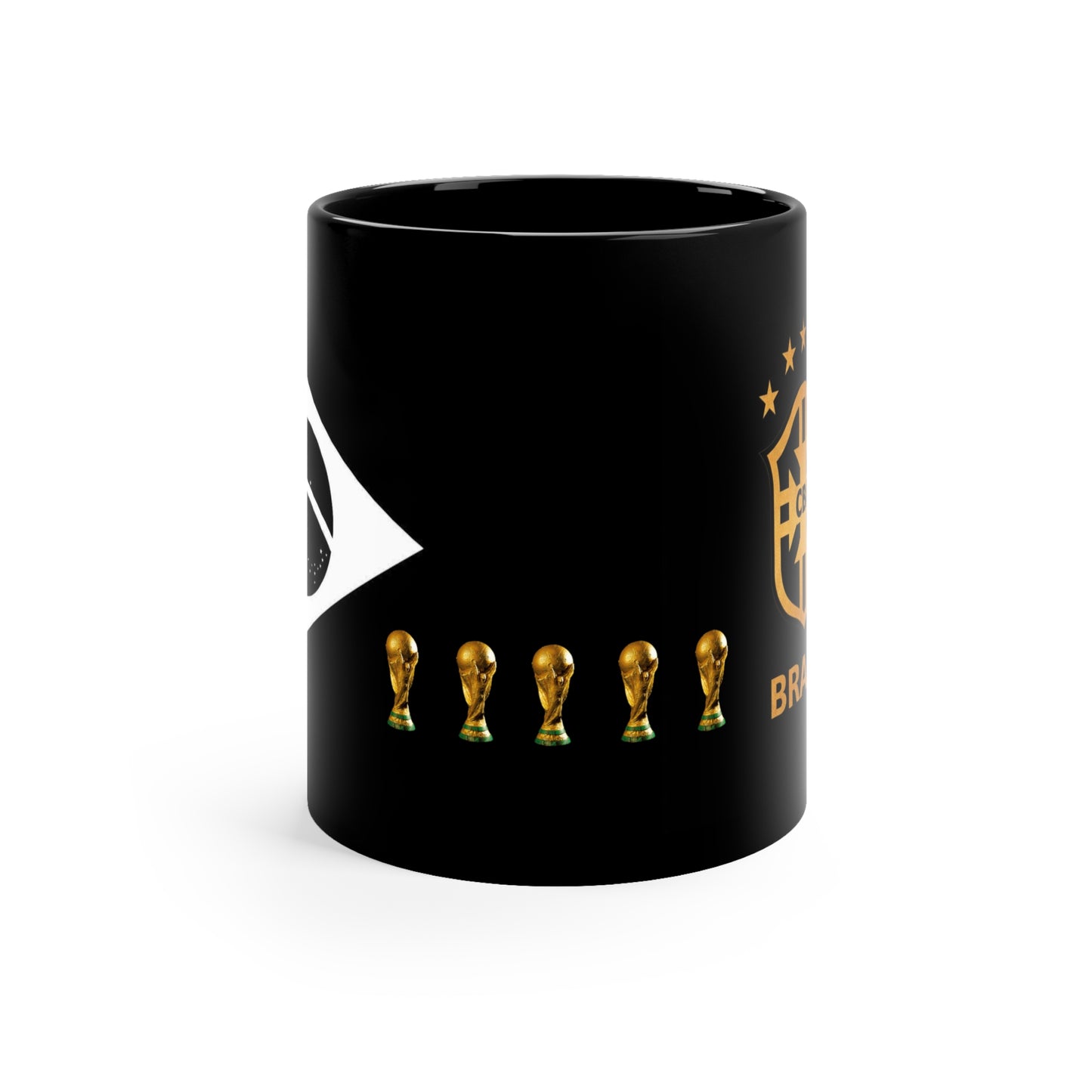 Black mug with gold trophy icons and branding on a white background