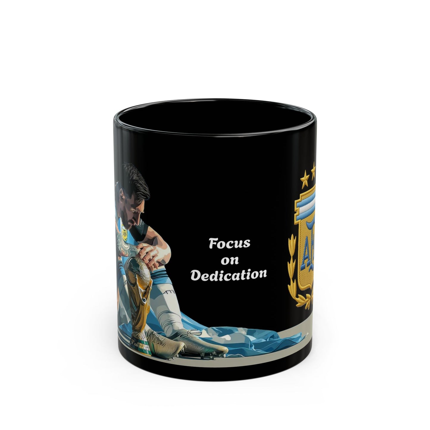Black mug with sports-themed design and text 'Focus on Dedication' on a white background