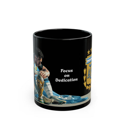 Black mug with sports-themed design and text 'Focus on Dedication' on a white background