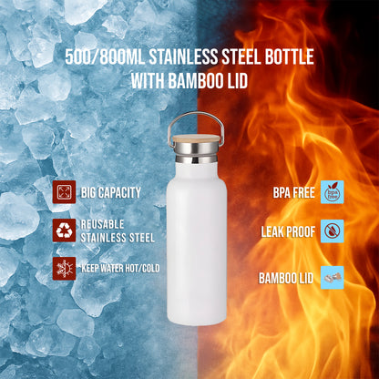 Stainless steel bottle with bamboo lid on a background of ice and fire, highlighting features like big capacity, BPA-free, reusable, leak-proof, and bamboo lid.