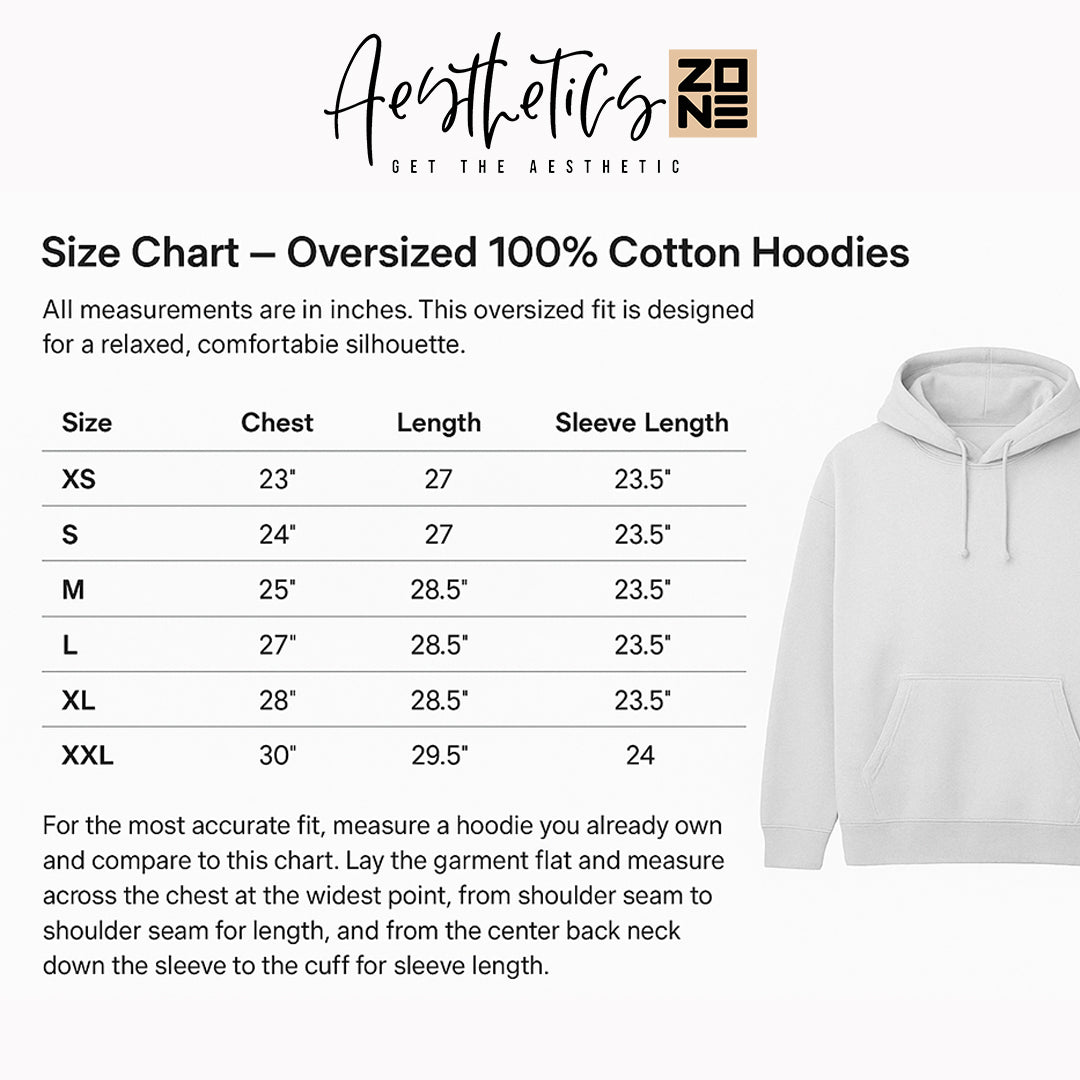 Size chart for oversized 100% cotton hoodies with a white hoodie on a white background.