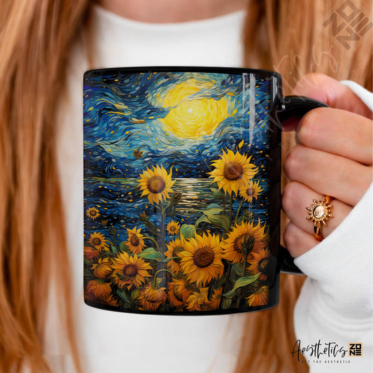 🌻✨ Sunflower Starry Night Black Mug