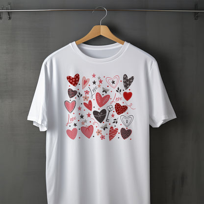 White t-shirt with heart designs on a hanger against a gray background