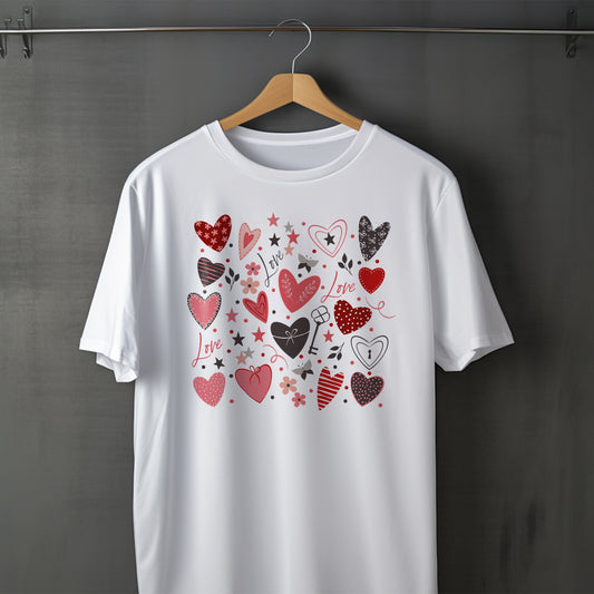 White t-shirt with heart designs on a hanger against a gray background